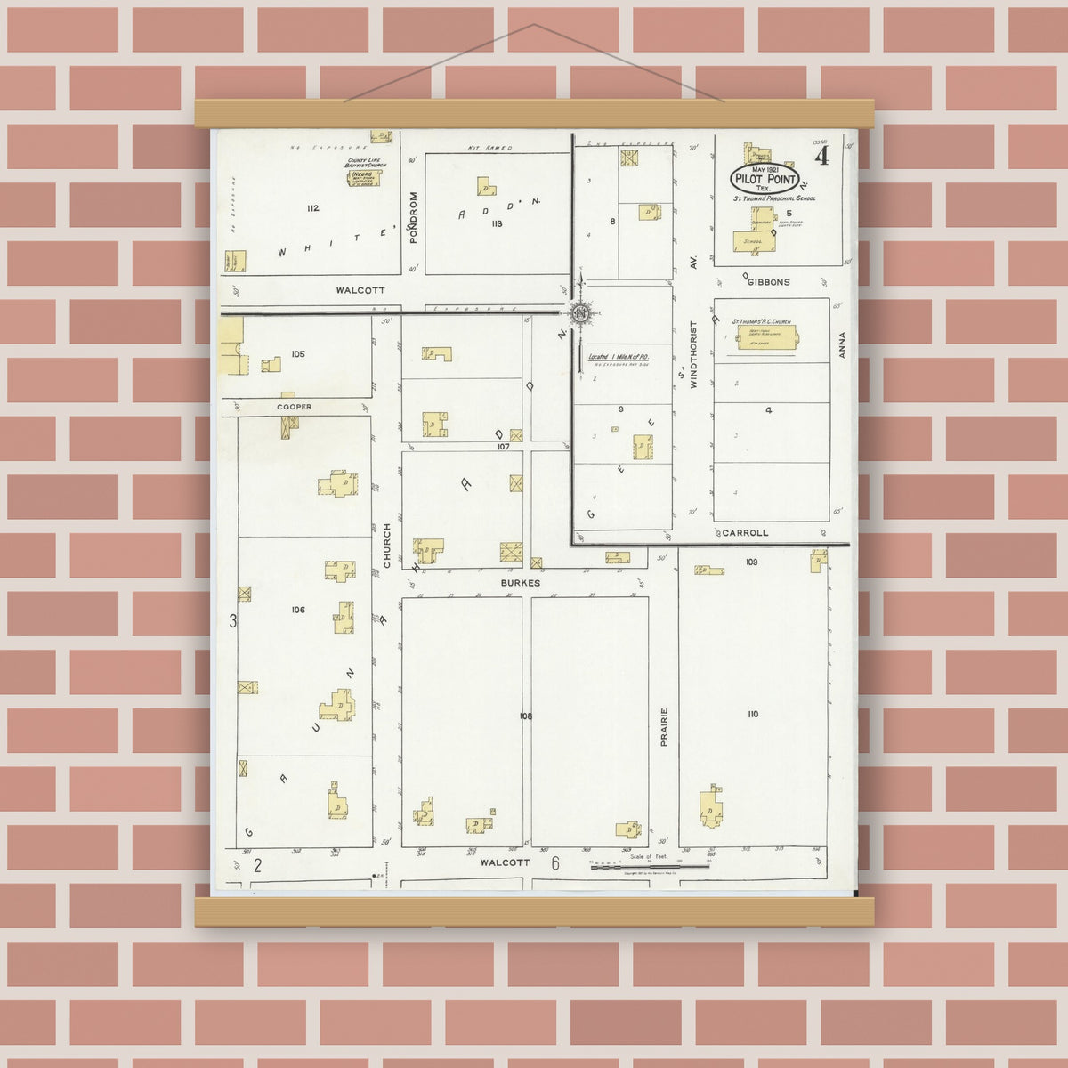 Old map wall art mockup — magnetic wood frame on brick wall — Sanborn Fire Insurance Map from Pilot Point, Denton County, Texas (1921), Sheet #0004