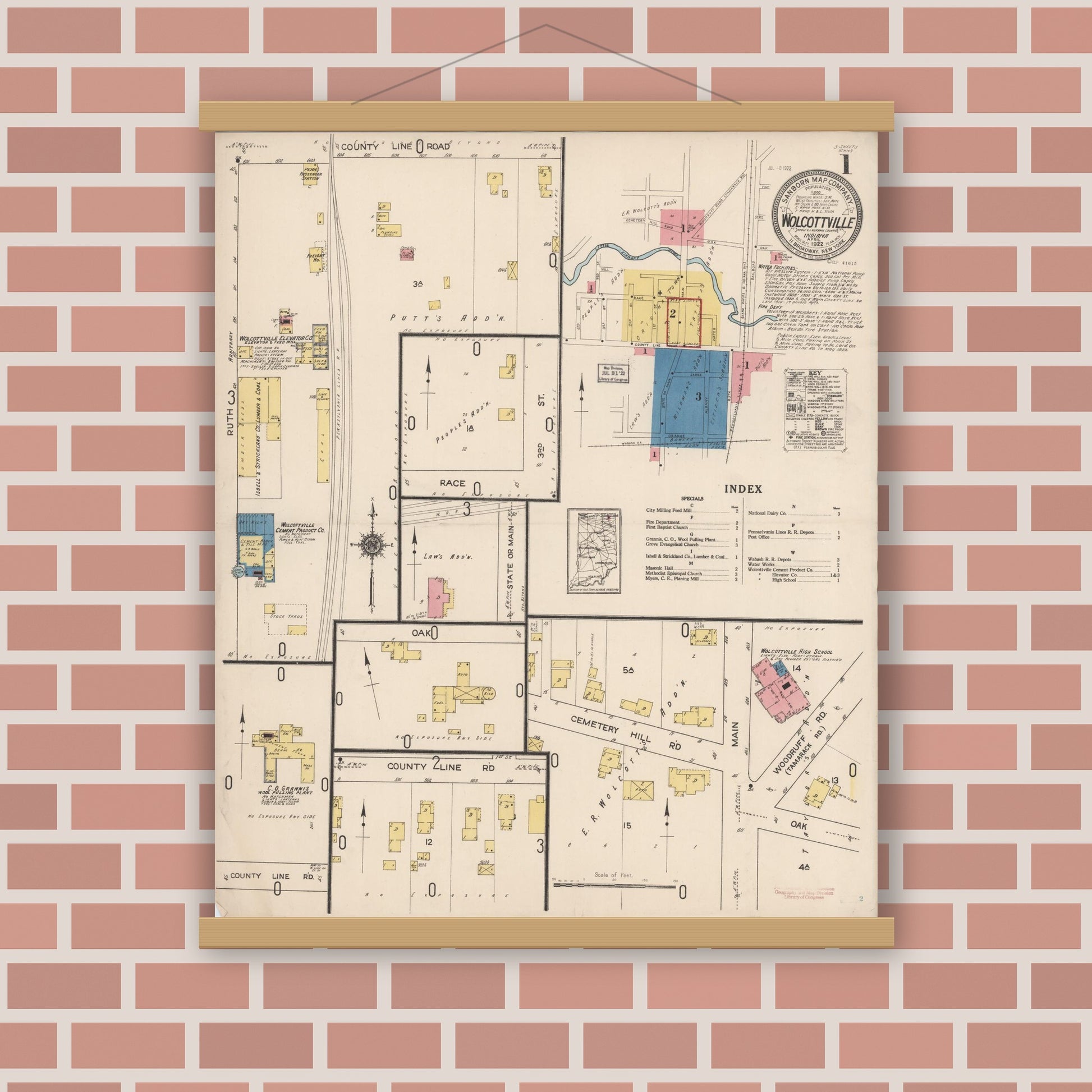 Old map wall art mockup — magnetic wood frame on brick wall — Sanborn Fire Insurance Map from Wolcottville, Noble And LaGrange Counties, Indiana (1922), Sheet #0001
