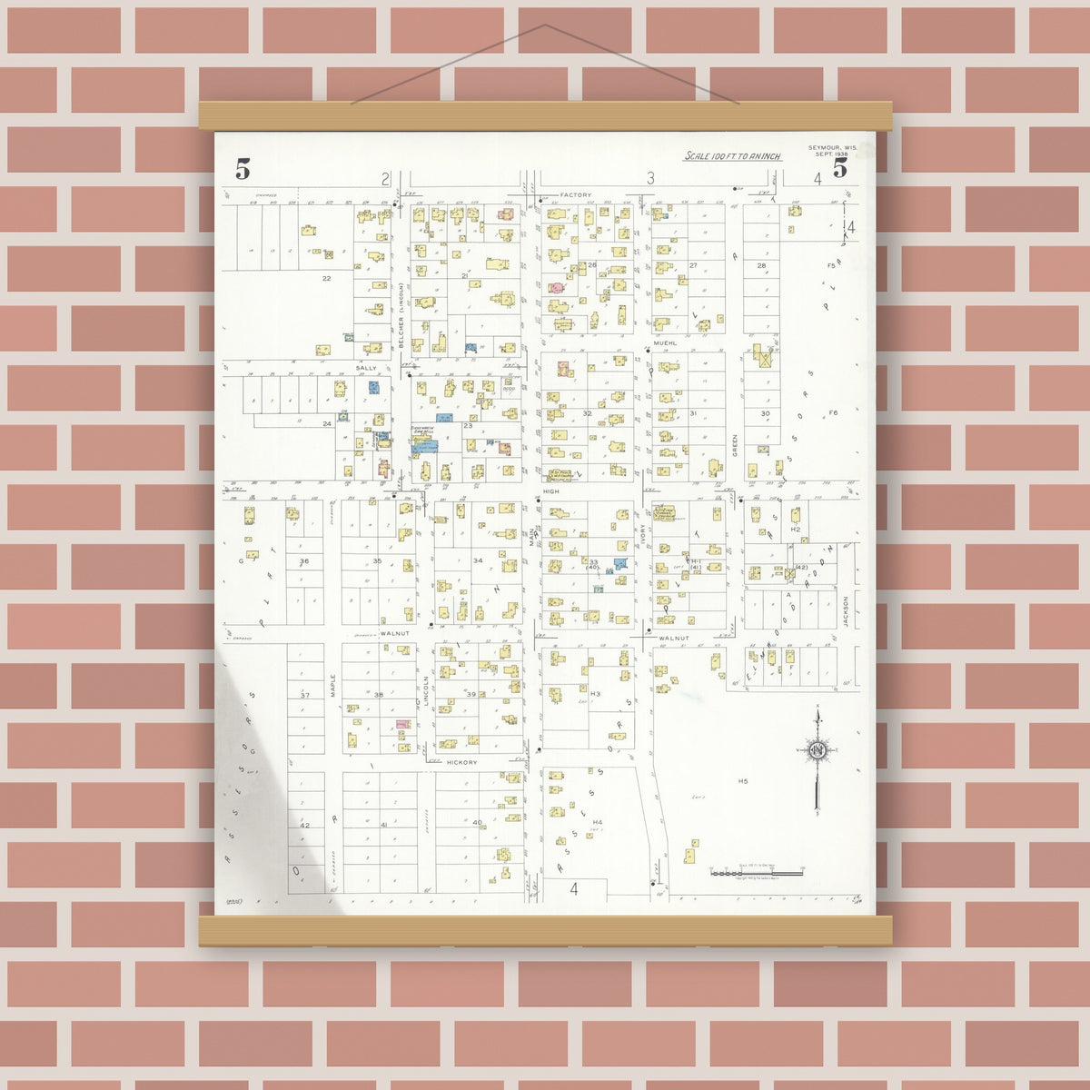 Old map wall art mockup — magnetic wood frame on brick wall — Sanborn Fire Insurance Map from Seymour, Outagamie County, Wisconsin (1938), Sheet #0005