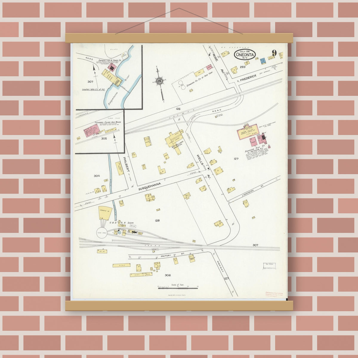 Old map wall art mockup — magnetic wood frame on brick wall — Sanborn Fire Insurance Map from Oneonta, Otsego County, New York (1916), Sheet #0009