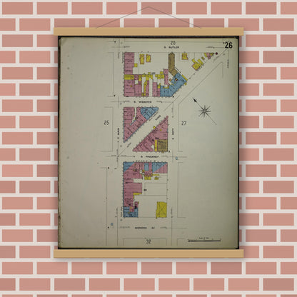 Old map wall art mockup — magnetic wood frame on brick wall — Sanborn Fire Insurance Map from Madison, Dane County, Wisconsin (1908), Sheet #0026