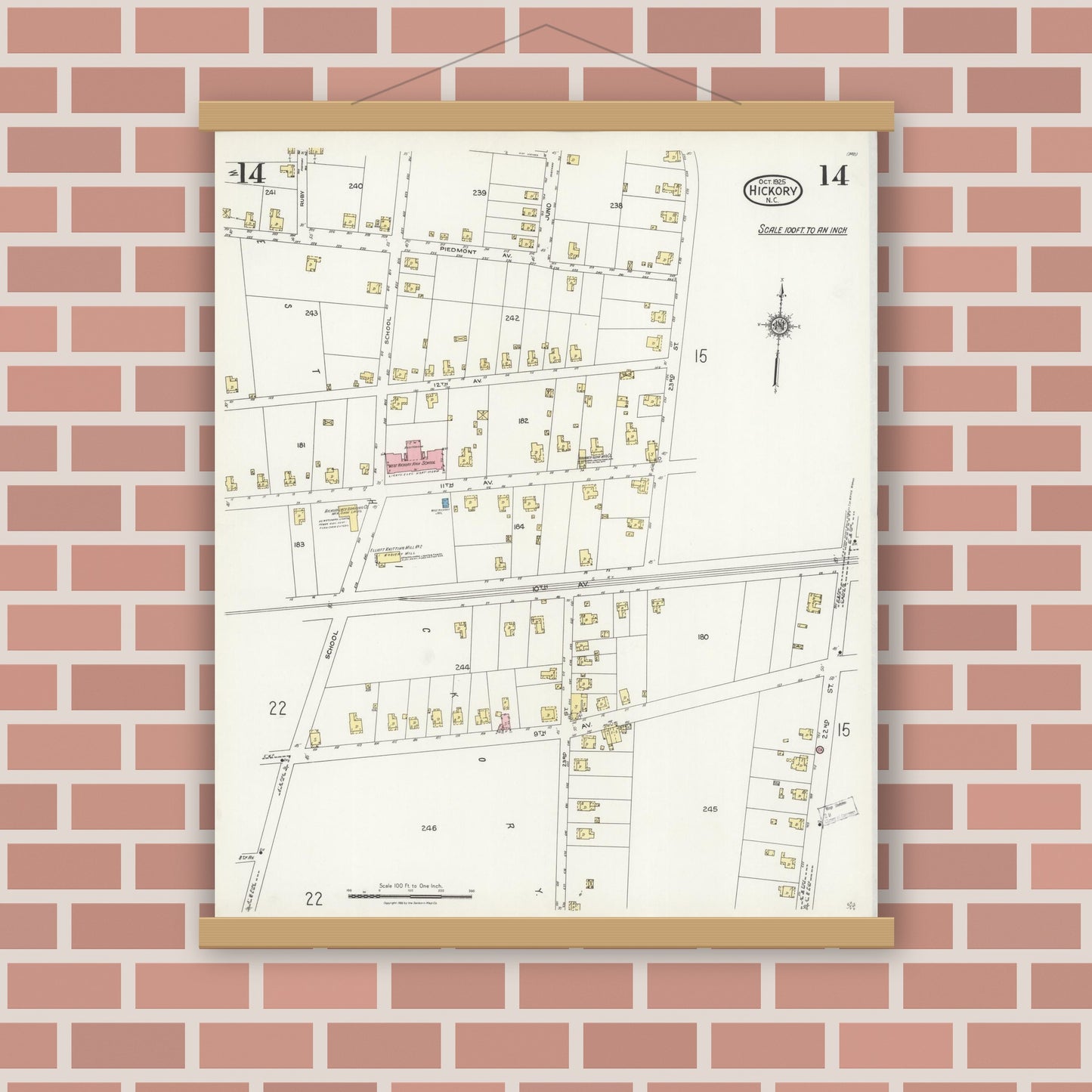 Old map wall art mockup — magnetic wood frame on brick wall — Sanborn Fire Insurance Map from Hickory, Catawba County, North Carolina (1925), Sheet #0014