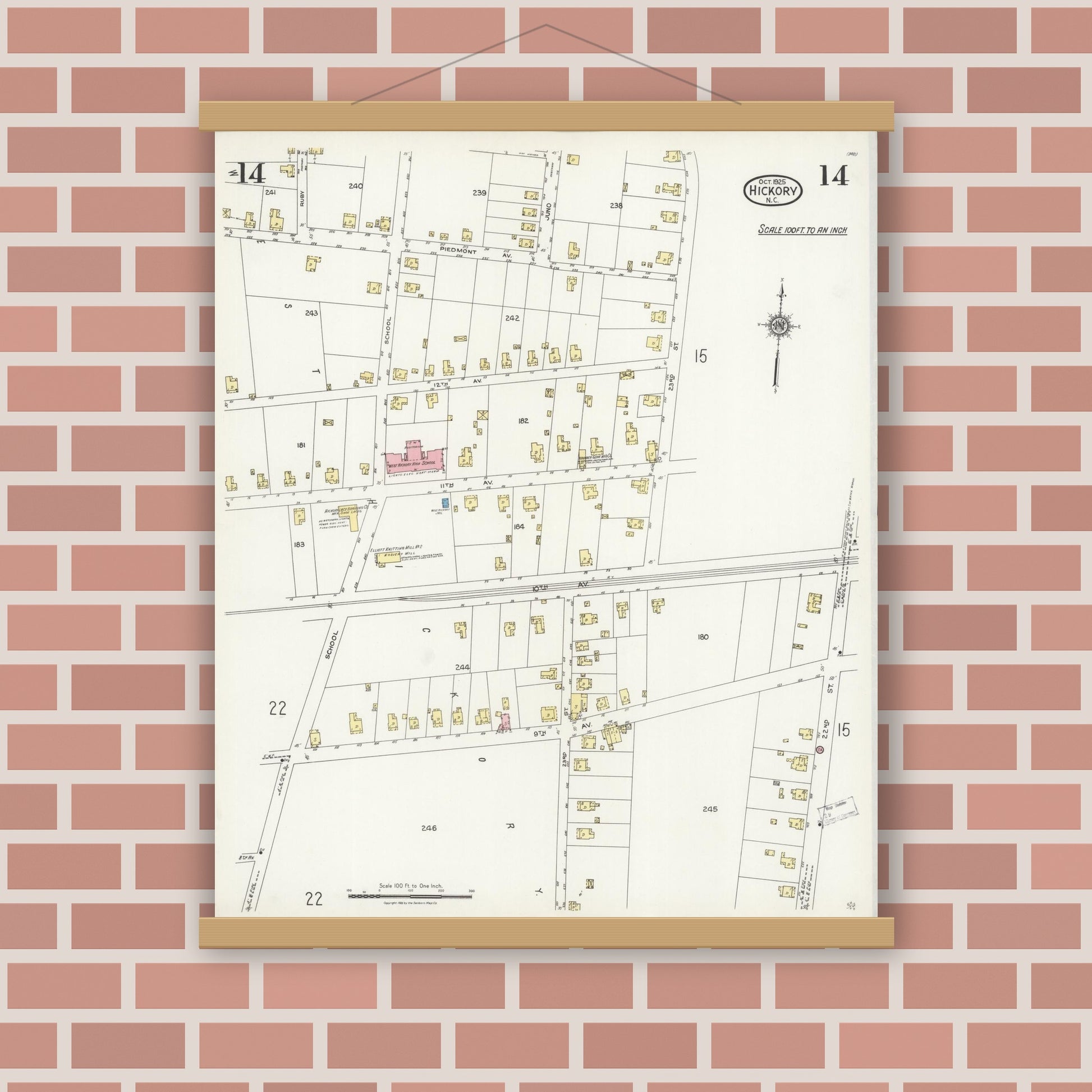 Old map wall art mockup — magnetic wood frame on brick wall — Sanborn Fire Insurance Map from Hickory, Catawba County, North Carolina (1925), Sheet #0014