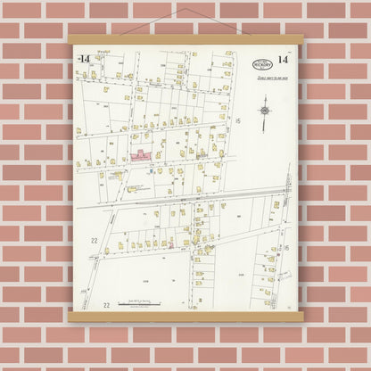 Old map wall art mockup — magnetic wood frame on brick wall — Sanborn Fire Insurance Map from Hickory, Catawba County, North Carolina (1925), Sheet #0014