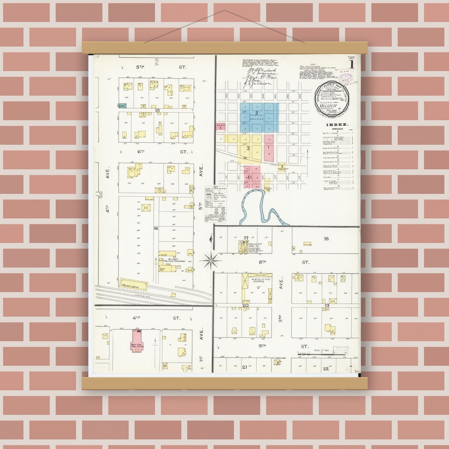 Old map wall art mockup — magnetic wood frame on brick wall — Sanborn Fire Insurance Map from Villisca, Montgomery County, Iowa (1893) â€” Complete Set