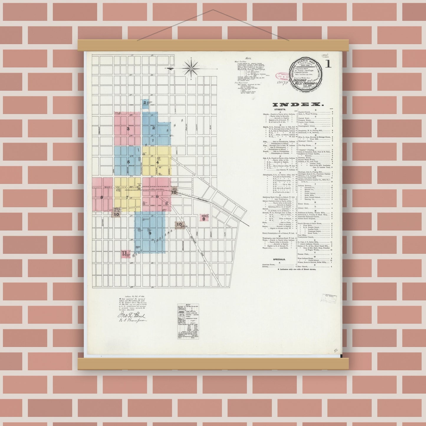 Old map wall art mockup — magnetic wood frame on brick wall — Sanborn Fire Insurance Map from Indiana, Indiana County, Pennsylvania (1892), Sheet #0001