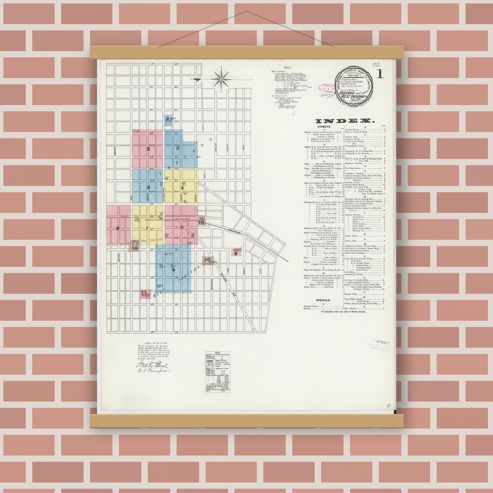 Old map wall art mockup — magnetic wood frame on brick wall — Sanborn Fire Insurance Map from Indiana, Indiana County, Pennsylvania (1892), Sheet #0001