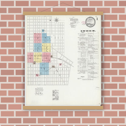 Old map wall art mockup — magnetic wood frame on brick wall — Sanborn Fire Insurance Map from Indiana, Indiana County, Pennsylvania (1892), Sheet #0001