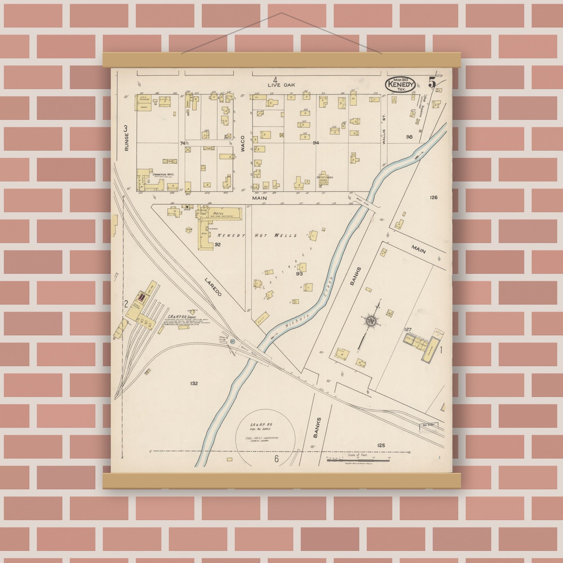 Old map wall art mockup — magnetic wood frame on brick wall — Sanborn Fire Insurance Map from Kenedy, Karnes County, Texas (1922), Sheet #0005