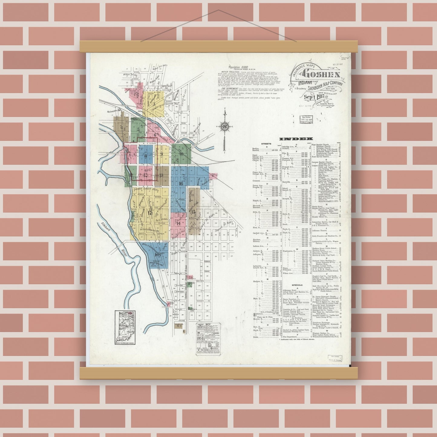Old map wall art mockup — magnetic wood frame on brick wall — Sanborn Fire Insurance Map from Goshen, Elkhart County, Indiana (1917) - Complete Map Set