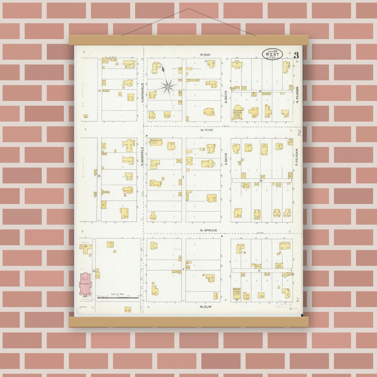 Old map wall art mockup — magnetic wood frame on brick wall — Sanborn Fire Insurance Map from West, McLennan County, Texas (1905), Sheet #0003