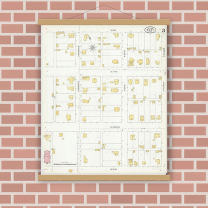 Old map wall art mockup — magnetic wood frame on brick wall — Sanborn Fire Insurance Map from West, McLennan County, Texas (1905), Sheet #0003