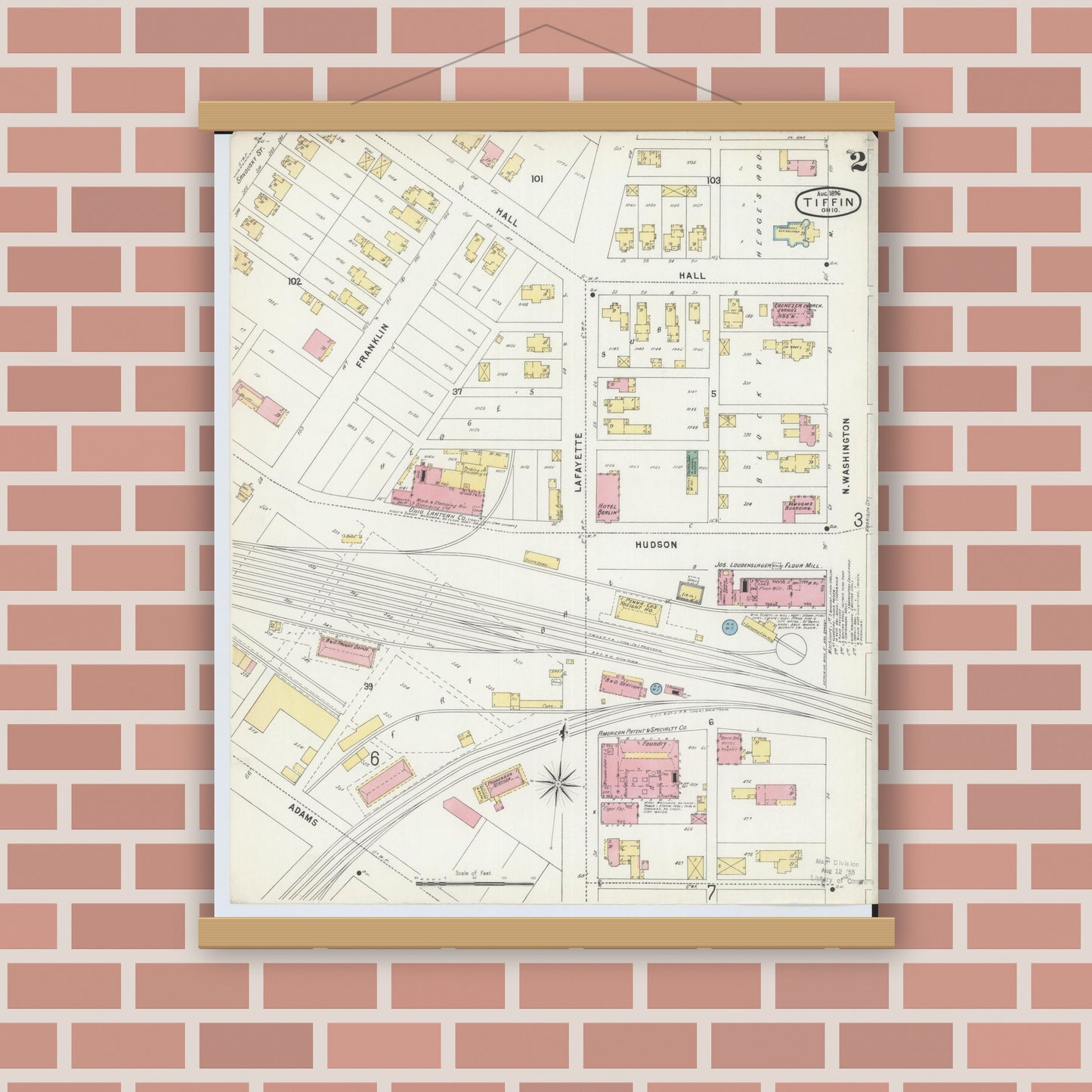 Old map wall art mockup — magnetic wood frame on brick wall — Sanborn Fire Insurance Map from Tiffin, Seneca County, Ohio (1896), Sheet #0002