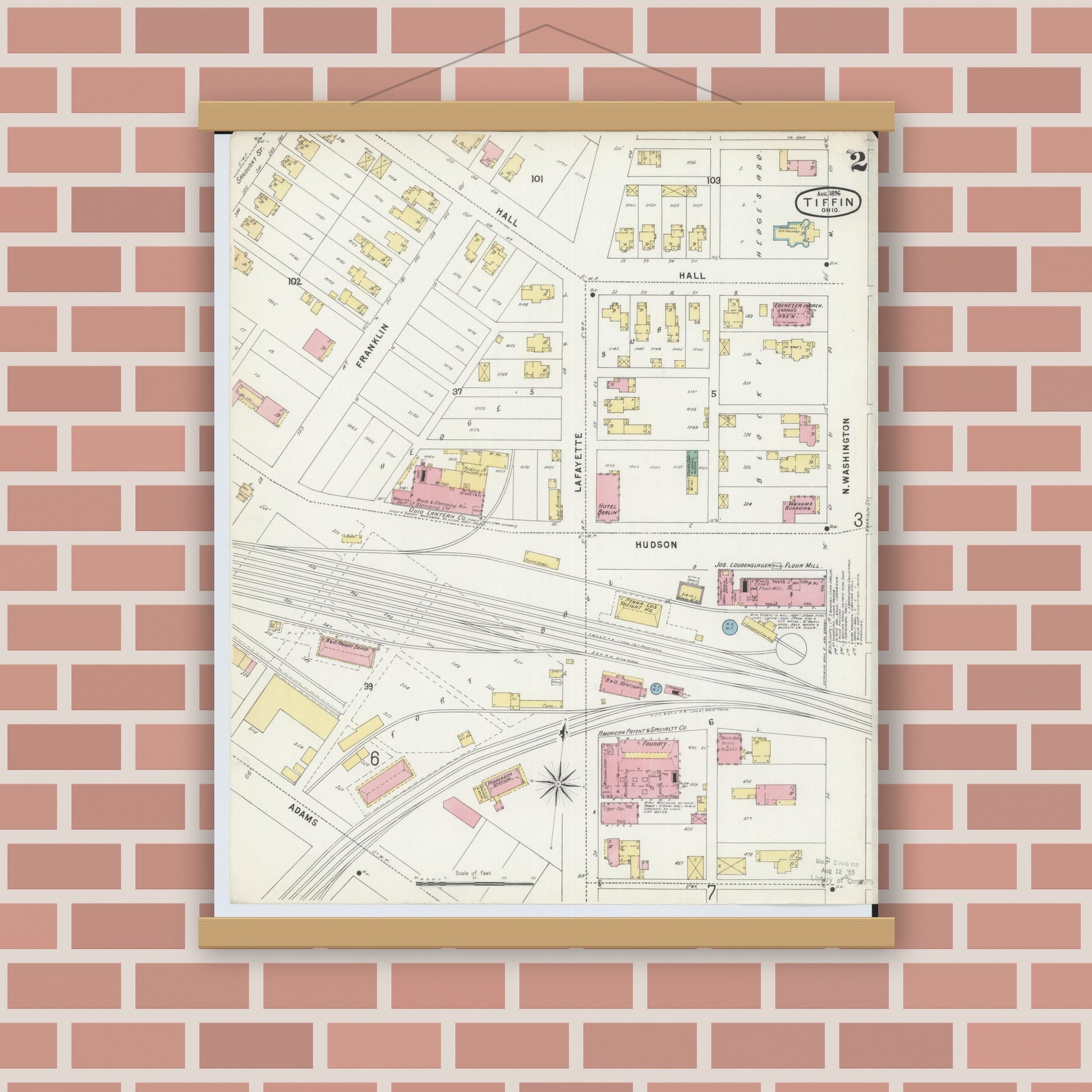 Old map wall art mockup — magnetic wood frame on brick wall — Sanborn Fire Insurance Map from Tiffin, Seneca County, Ohio (1896), Sheet #0002