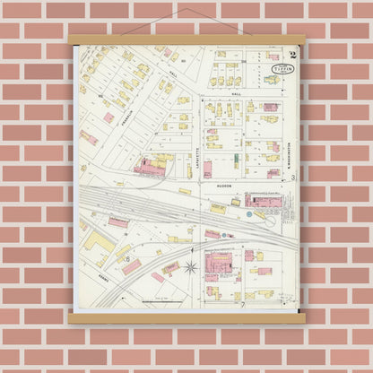 Old map wall art mockup — magnetic wood frame on brick wall — Sanborn Fire Insurance Map from Tiffin, Seneca County, Ohio (1896), Sheet #0002