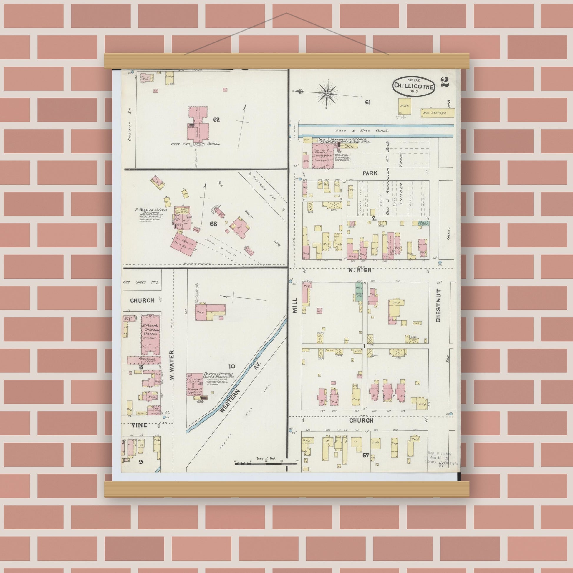 Old map wall art mockup — magnetic wood frame on brick wall — Sanborn Fire Insurance Map from Chillicothe, Ross County, Ohio (1890), Sheet #0002