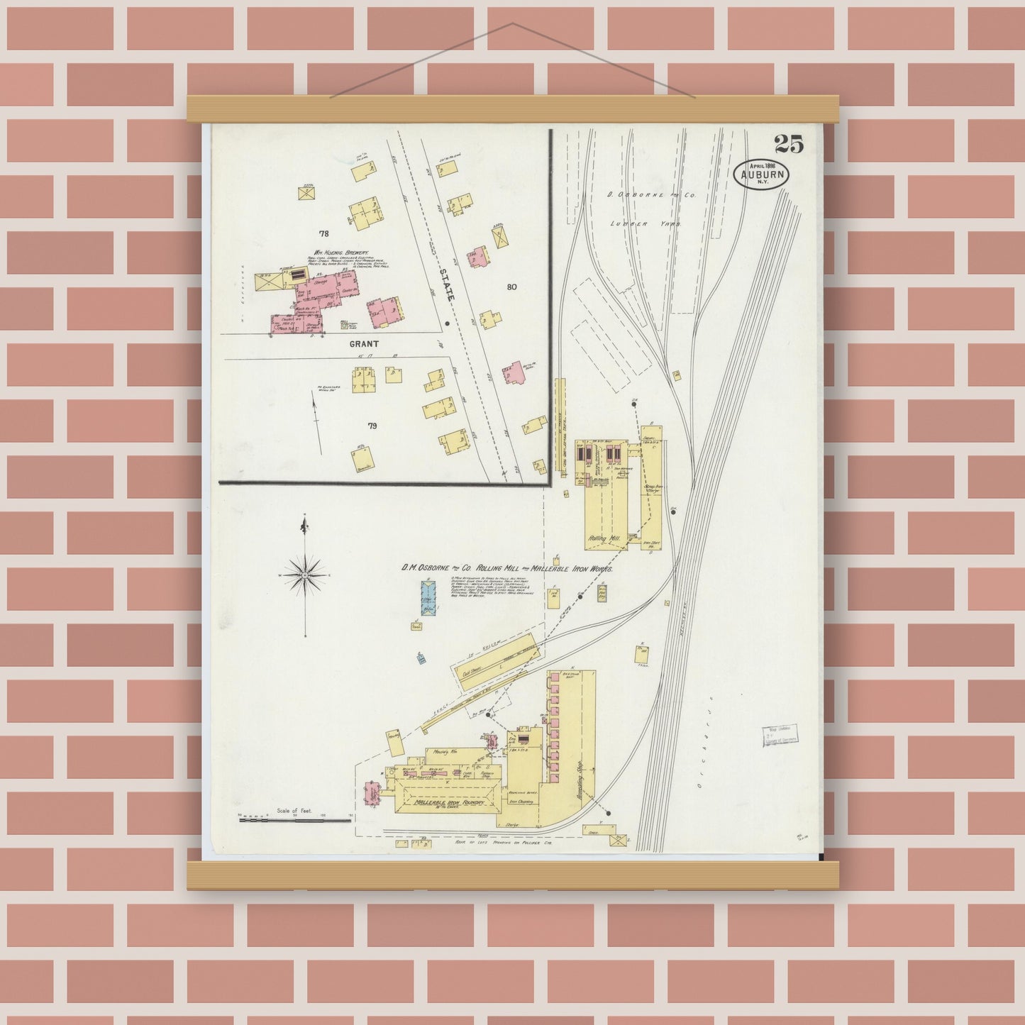 Old map wall art mockup — magnetic wood frame on brick wall — Sanborn Fire Insurance Map from Auburn, Cayuga County, New York (1898), Sheet #0025