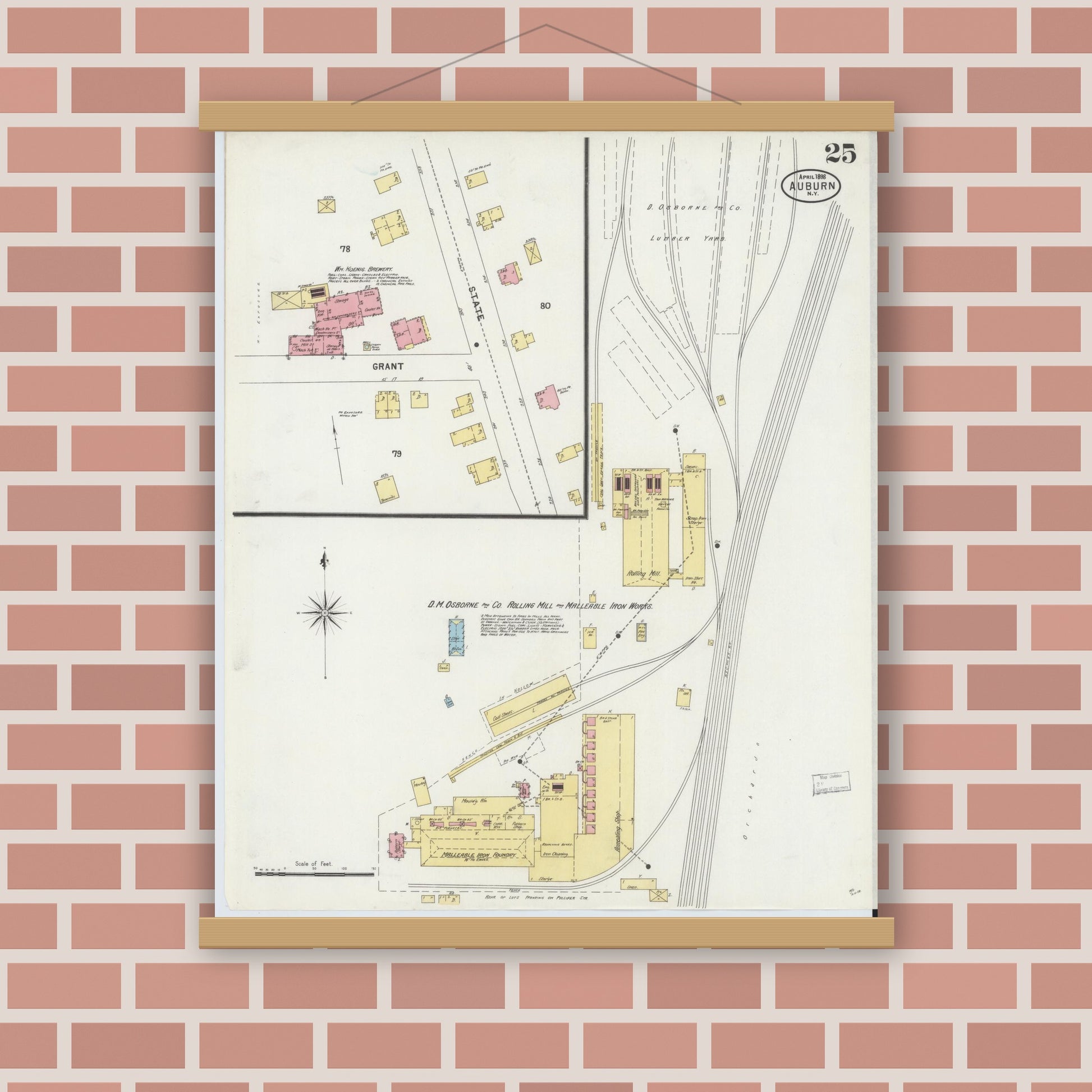 Old map wall art mockup — magnetic wood frame on brick wall — Sanborn Fire Insurance Map from Auburn, Cayuga County, New York (1898), Sheet #0025