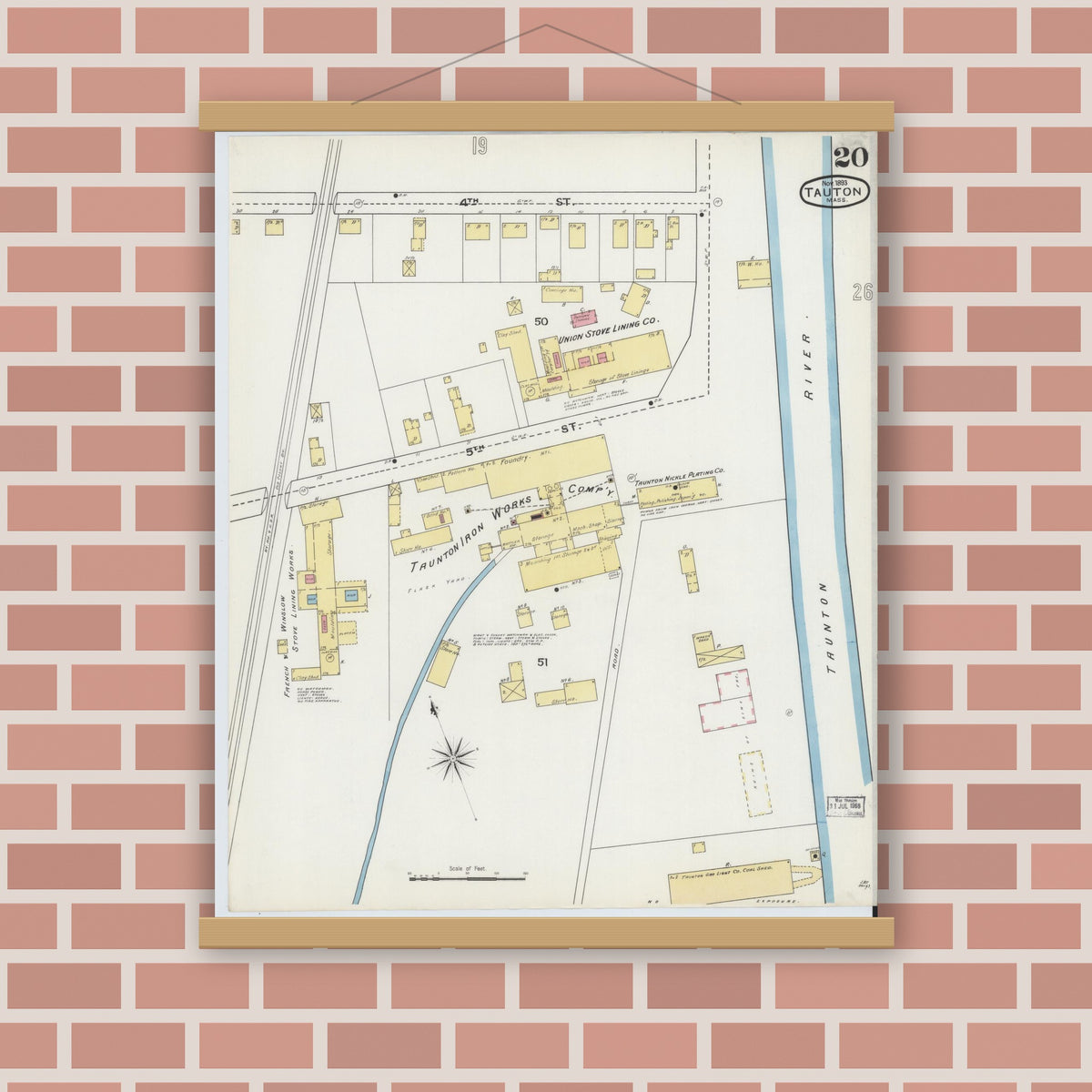 Old map wall art mockup — magnetic wood frame on brick wall — Sanborn Fire Insurance Map from Taunton, Bristol County, Massachusetts (1893), Sheet #0020
