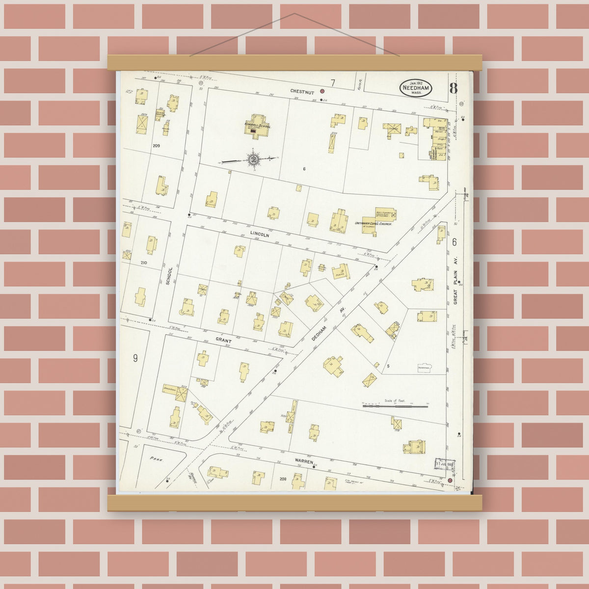 Old map wall art mockup — magnetic wood frame on brick wall — Sanborn Fire Insurance Map from Needham, Norfolk County, Massachusetts (1912), Sheet #0008