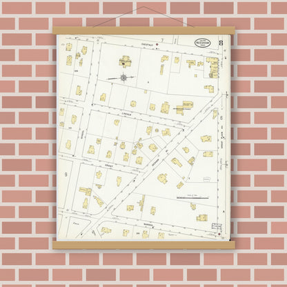 Old map wall art mockup — magnetic wood frame on brick wall — Sanborn Fire Insurance Map from Needham, Norfolk County, Massachusetts (1912), Sheet #0008
