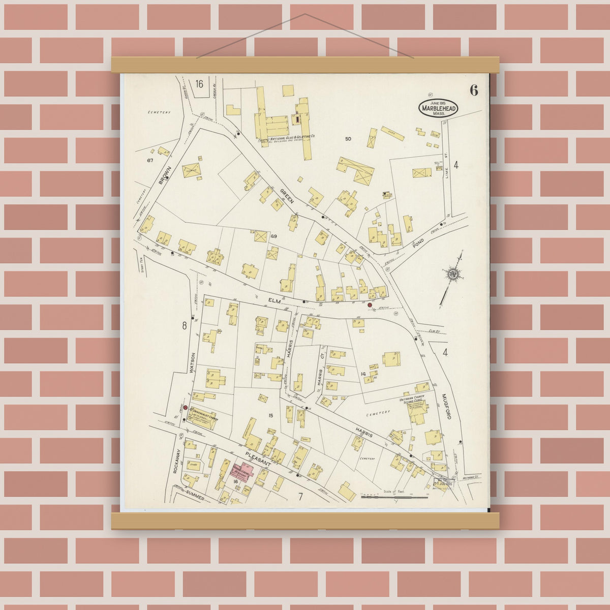 Old map wall art mockup — magnetic wood frame on brick wall — Sanborn Fire Insurance Map from Marblehead, Essex County, Massachusetts (1915), Sheet #0006