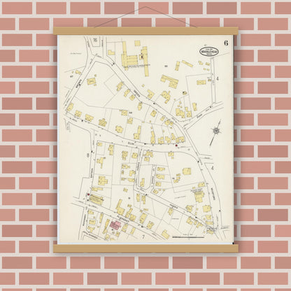 Old map wall art mockup — magnetic wood frame on brick wall — Sanborn Fire Insurance Map from Marblehead, Essex County, Massachusetts (1915), Sheet #0006