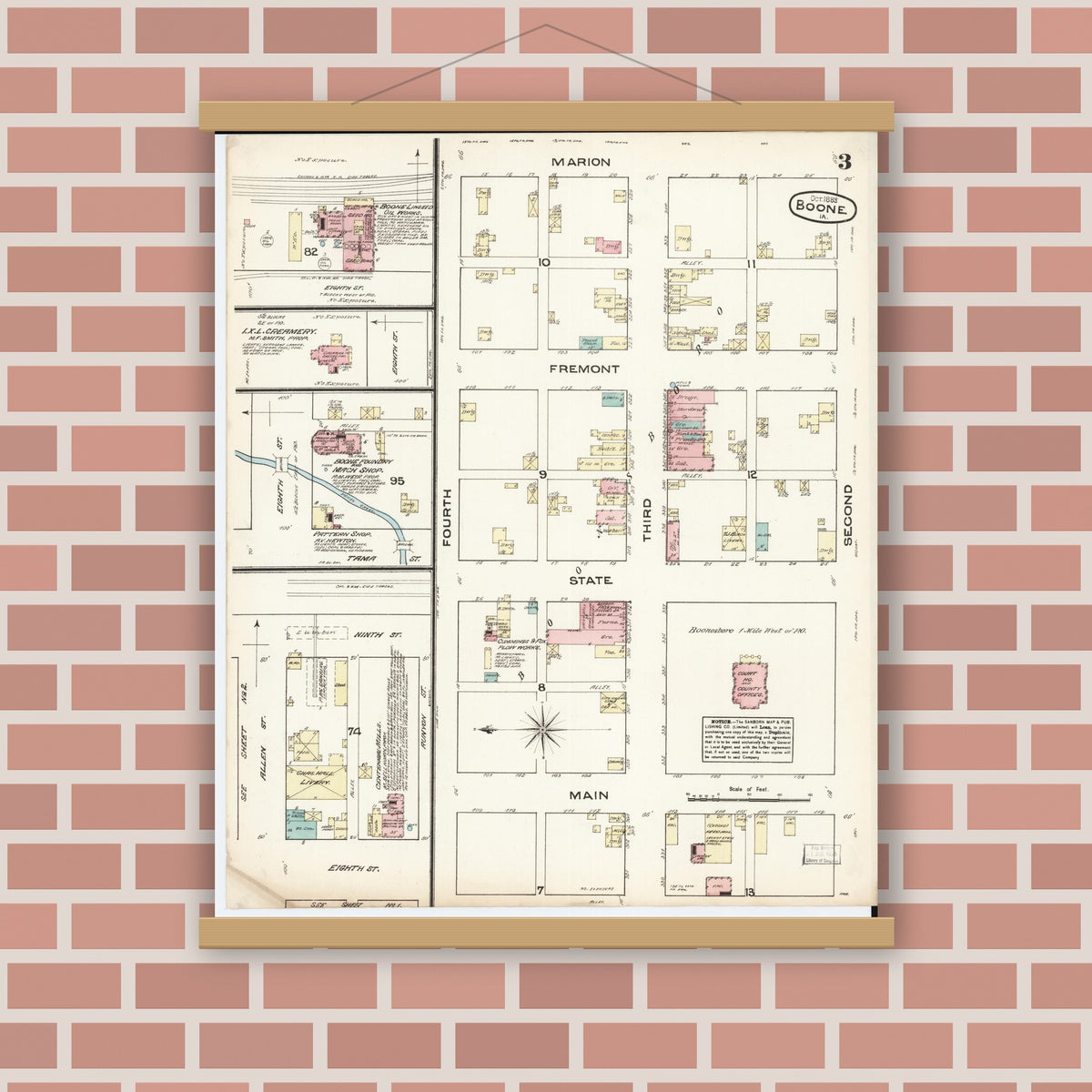 Old map wall art mockup — magnetic wood frame on brick wall — Sanborn Fire Insurance Map from Boone, Boone County, Iowa (1883), Sheet #0003