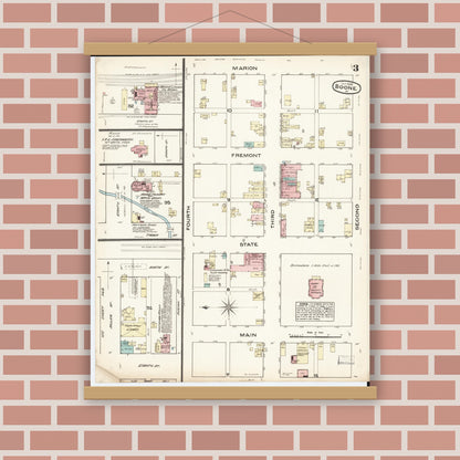Old map wall art mockup — magnetic wood frame on brick wall — Sanborn Fire Insurance Map from Boone, Boone County, Iowa (1883), Sheet #0003