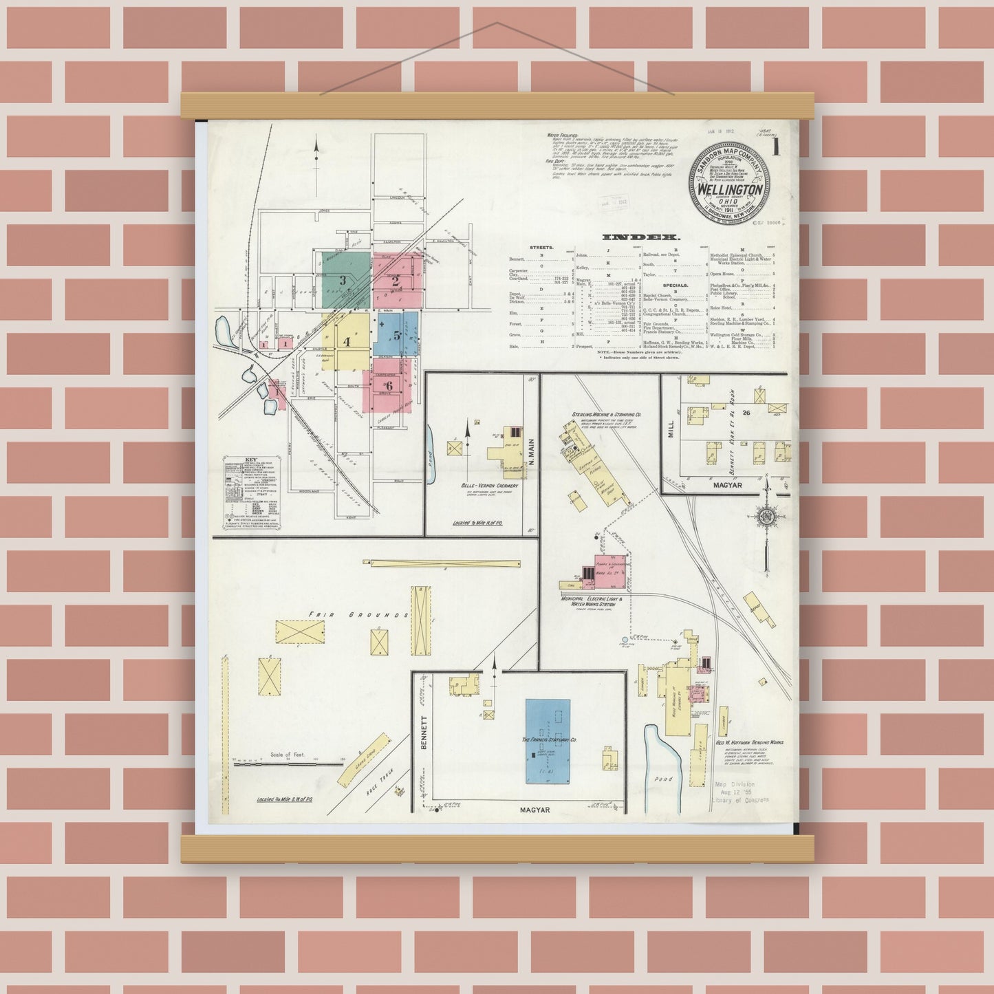 Old map wall art mockup — magnetic wood frame on brick wall — Sanborn Fire Insurance Map from Wellington, Lorain County, Ohio (1911), Sheet #0001