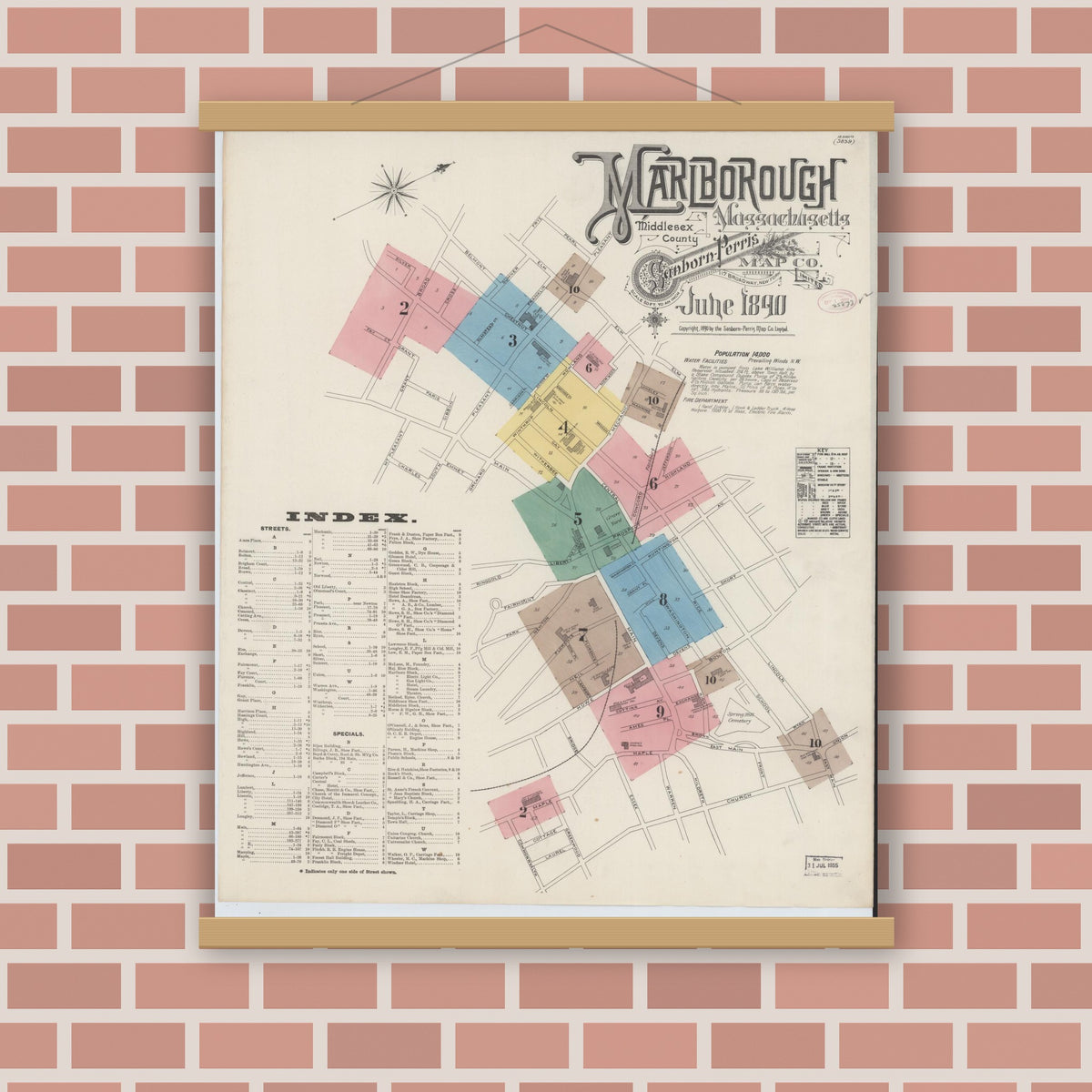 Old map wall art mockup — magnetic wood frame on brick wall — Sanborn Fire Insurance Map from Marlborough, Middlesex County, Massachusetts (1890) - Complete Map Set