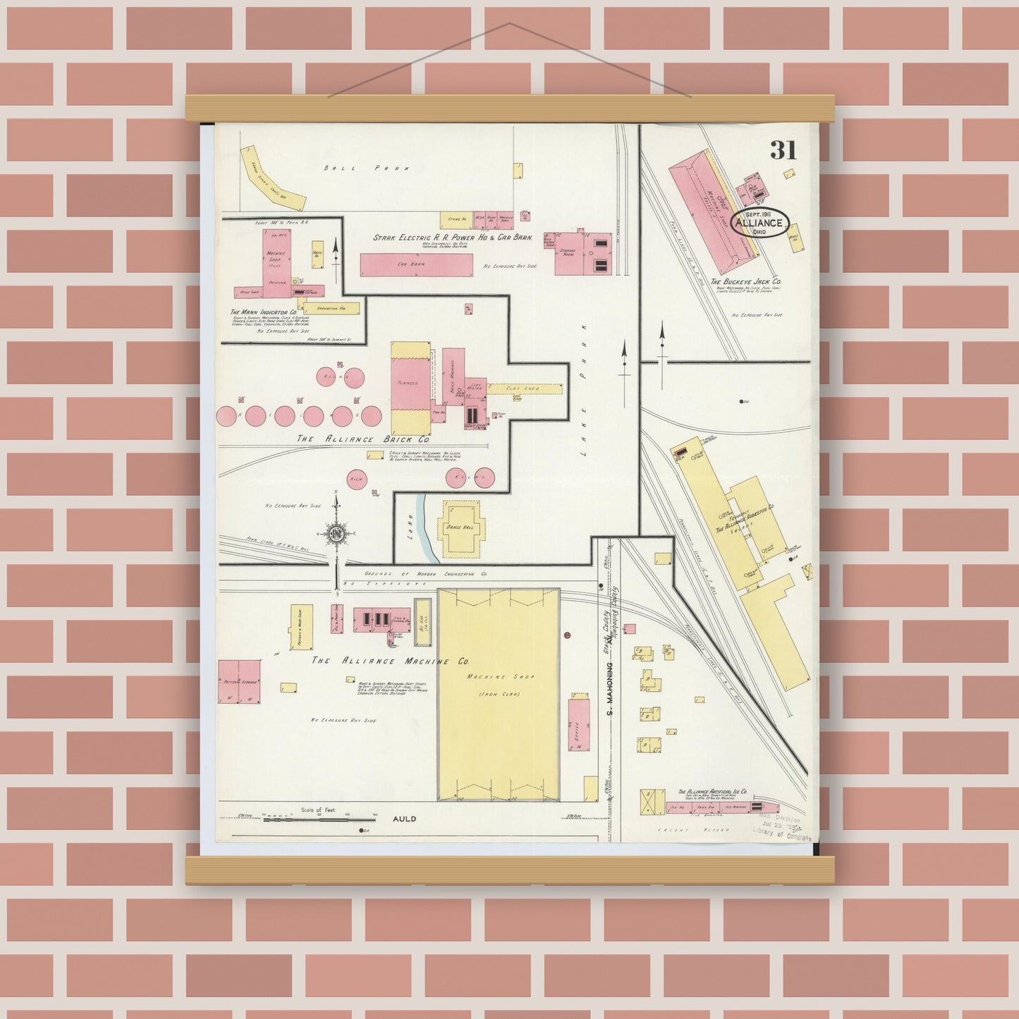 Old map wall art mockup — magnetic wood frame on brick wall — Sanborn Fire Insurance Map from Alliance, Stark County, Ohio (1911), Sheet #0031