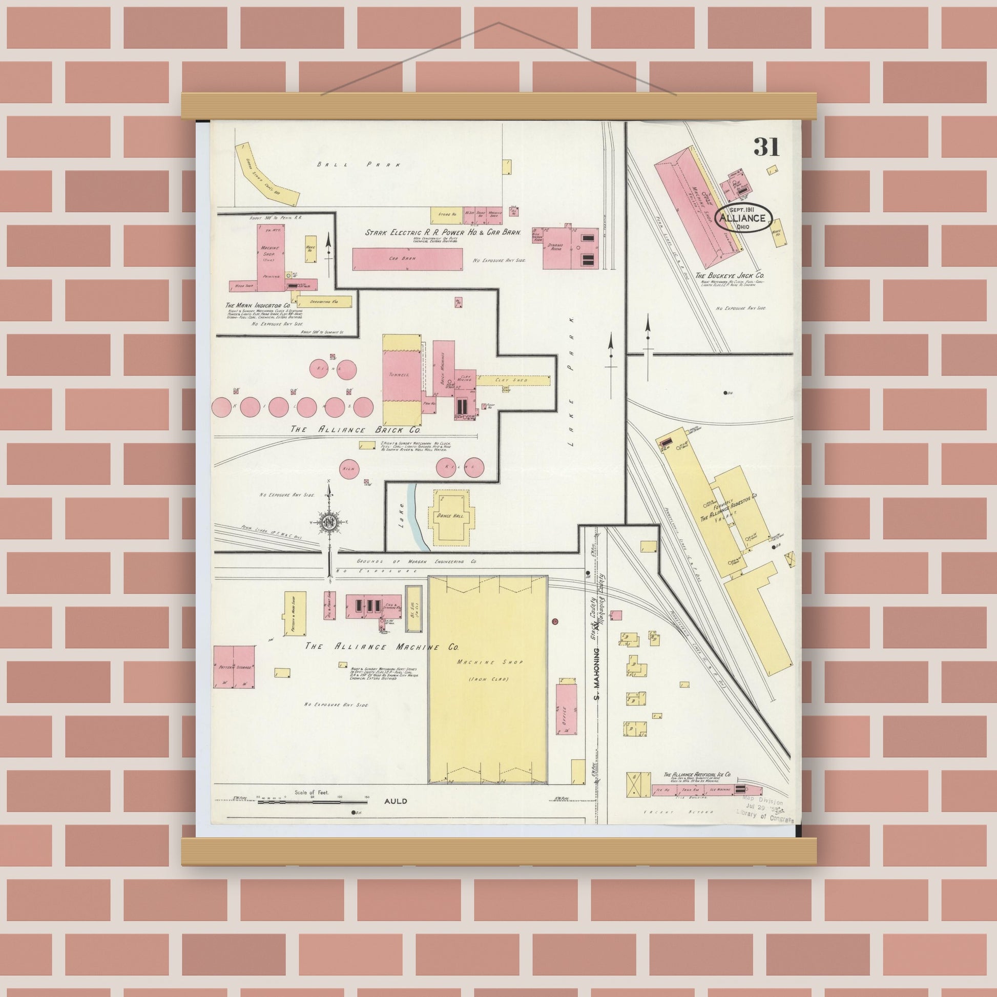 Old map wall art mockup — magnetic wood frame on brick wall — Sanborn Fire Insurance Map from Alliance, Stark County, Ohio (1911), Sheet #0031