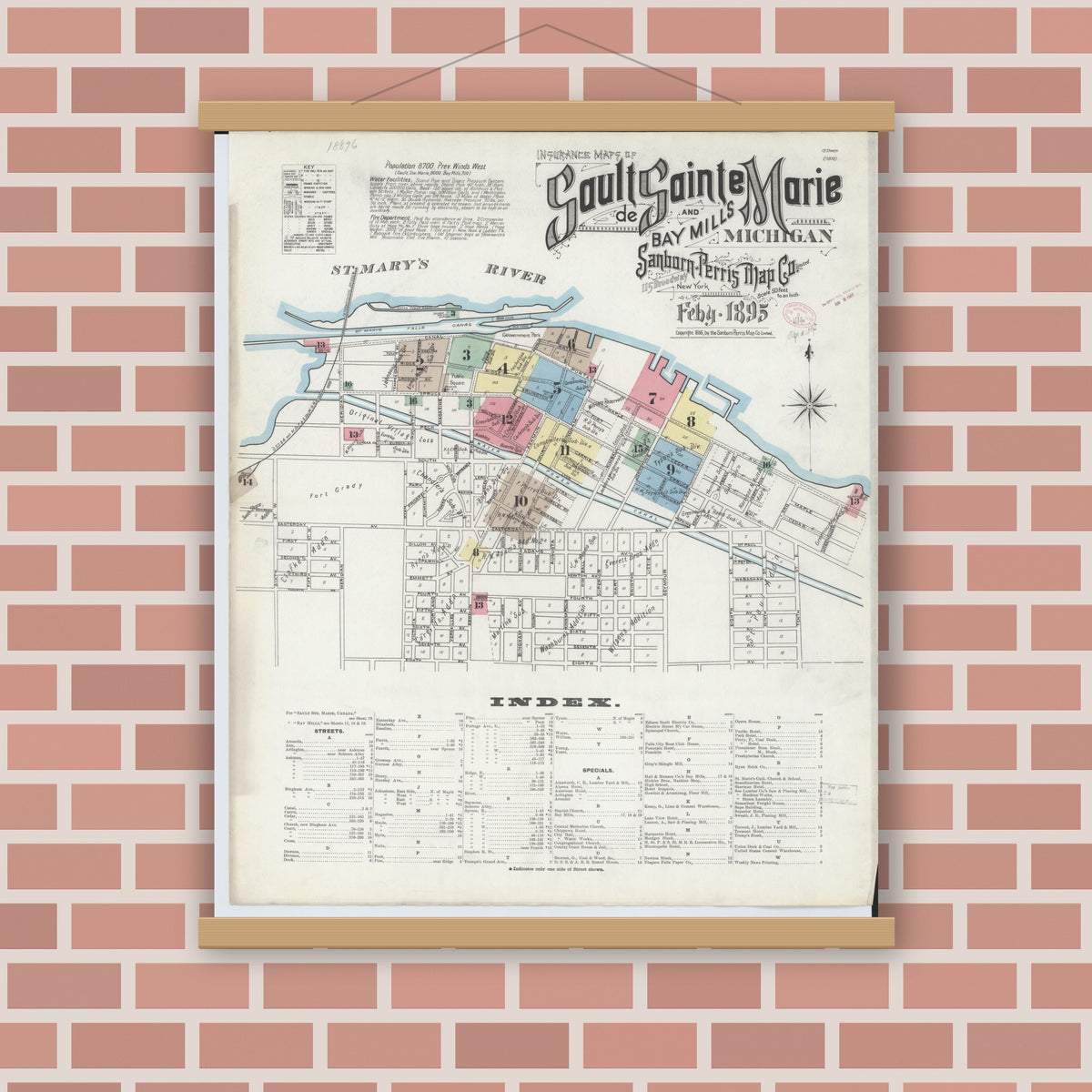 Old map wall art mockup — magnetic wood frame on brick wall — Sanborn Fire Insurance Map from Sault Sainte Marie, Chippewa County, Michigan (1895), Sheet #0001