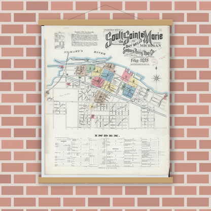Old map wall art mockup — magnetic wood frame on brick wall — Sanborn Fire Insurance Map from Sault Sainte Marie, Chippewa County, Michigan (1895), Sheet #0001