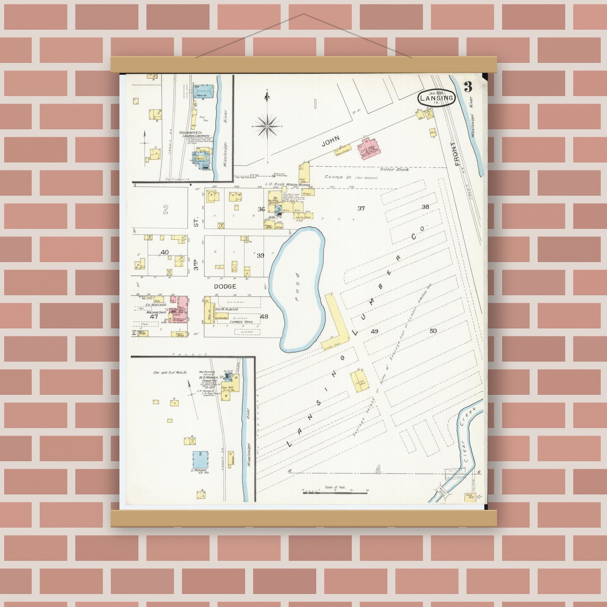 Old map wall art mockup — magnetic wood frame on brick wall — Sanborn Fire Insurance Map from Lansing, Allamakee County, Iowa (1894), Sheet #0003