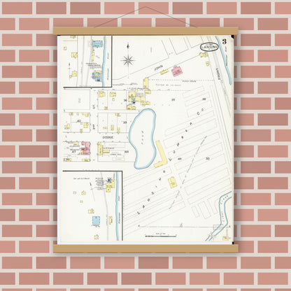 Old map wall art mockup — magnetic wood frame on brick wall — Sanborn Fire Insurance Map from Lansing, Allamakee County, Iowa (1894), Sheet #0003