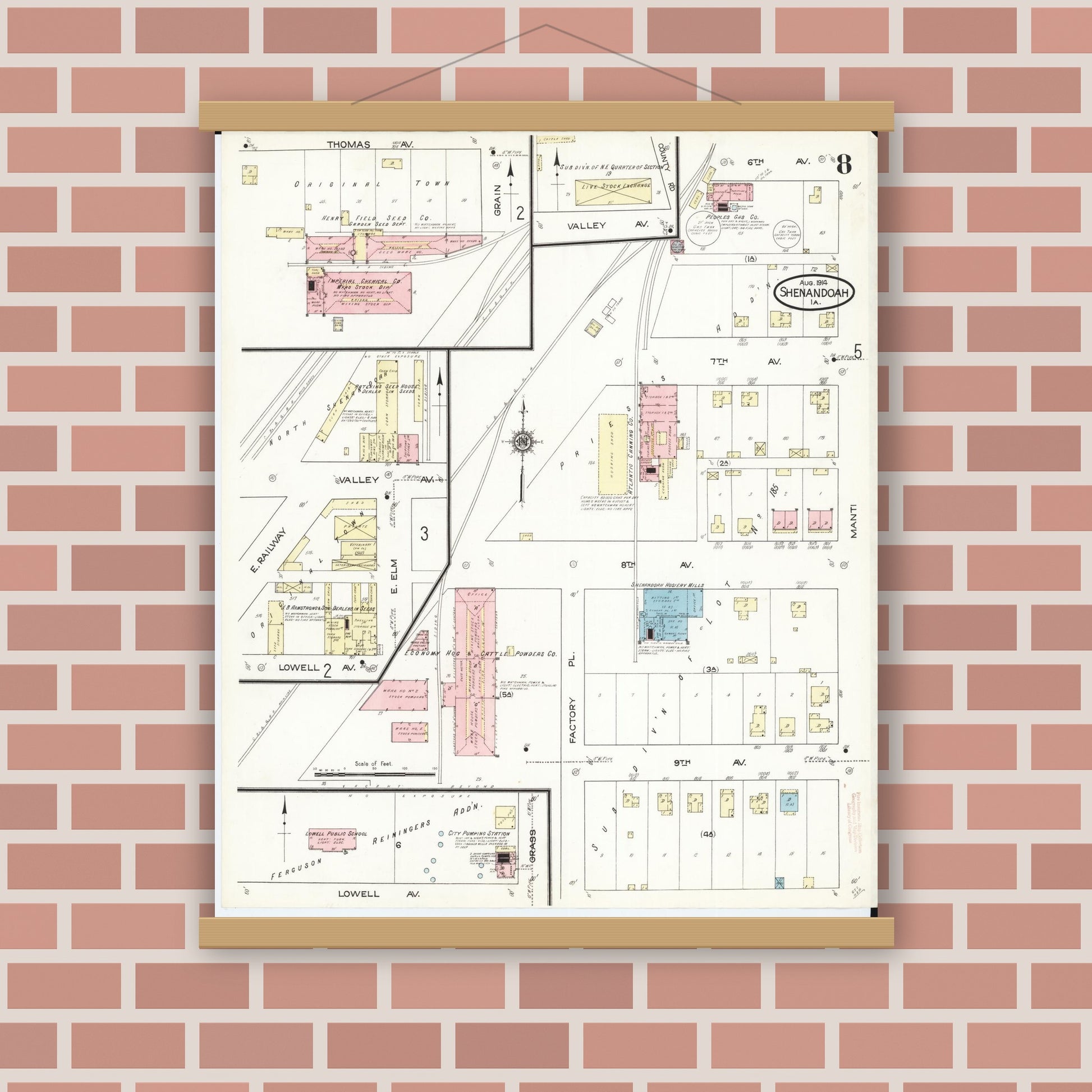 Old map wall art mockup — magnetic wood frame on brick wall — Sanborn Fire Insurance Map from Shenandoah, Page County, Iowa (1914), Sheet #0008
