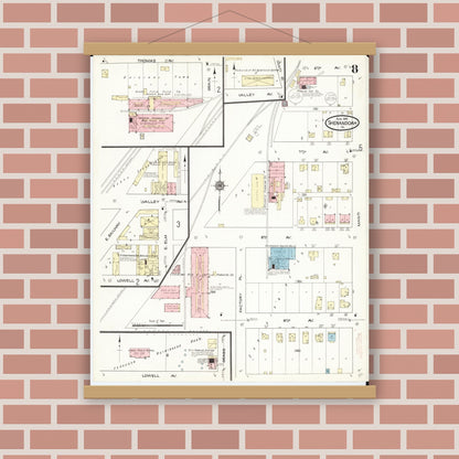Old map wall art mockup — magnetic wood frame on brick wall — Sanborn Fire Insurance Map from Shenandoah, Page County, Iowa (1914), Sheet #0008