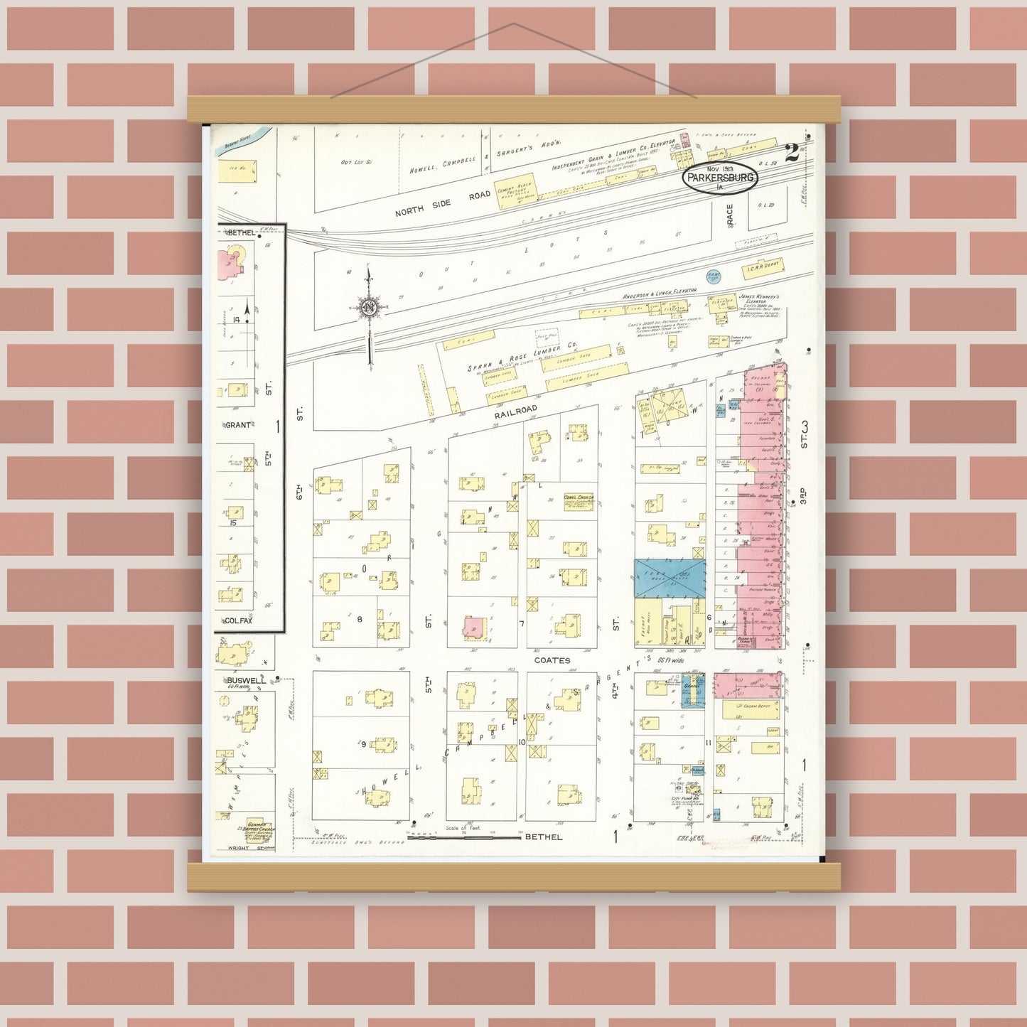 Old map wall art mockup — magnetic wood frame on brick wall — Sanborn Fire Insurance Map from Parkersburg, Butler County, Iowa (1913), Sheet #0002