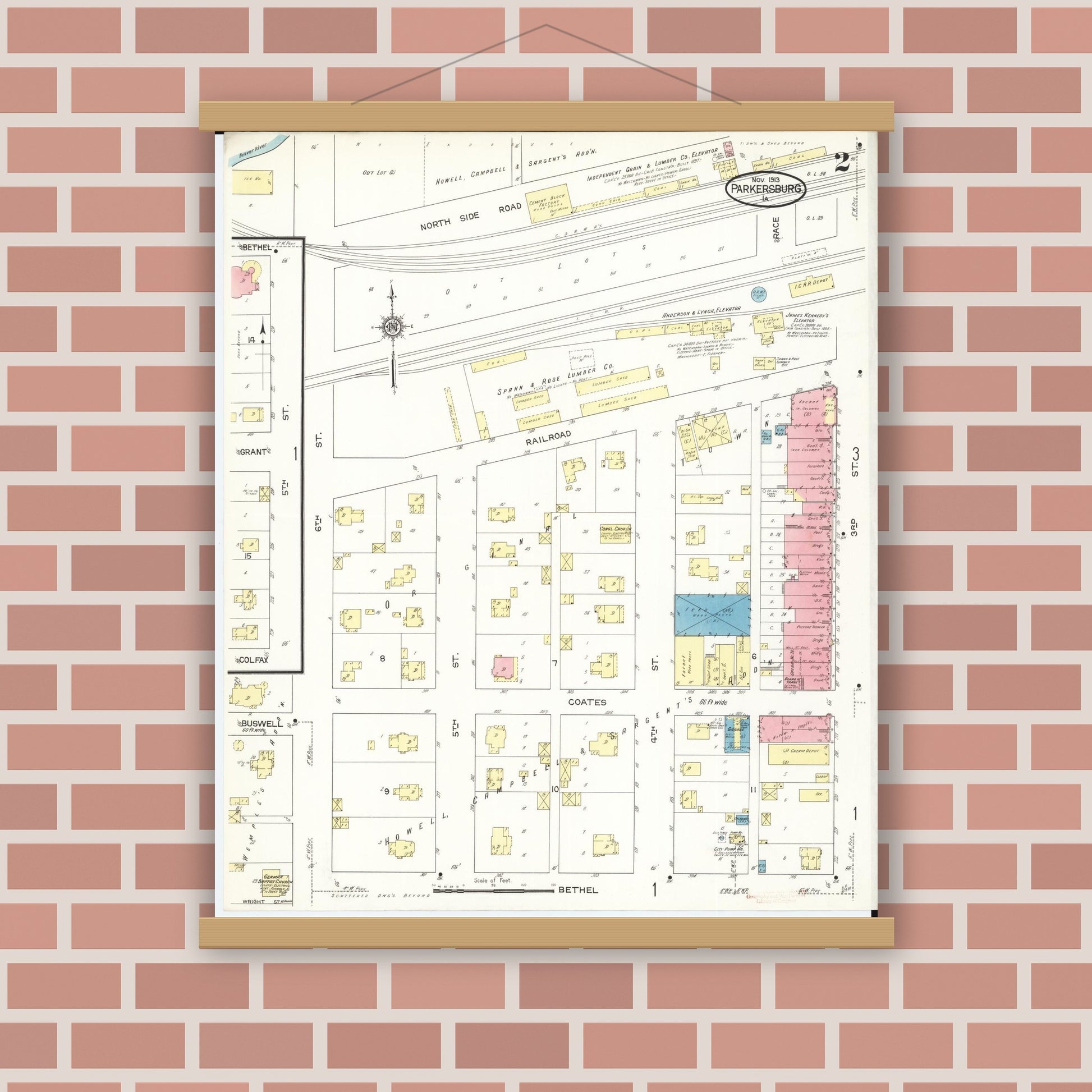 Old map wall art mockup — magnetic wood frame on brick wall — Sanborn Fire Insurance Map from Parkersburg, Butler County, Iowa (1913), Sheet #0002