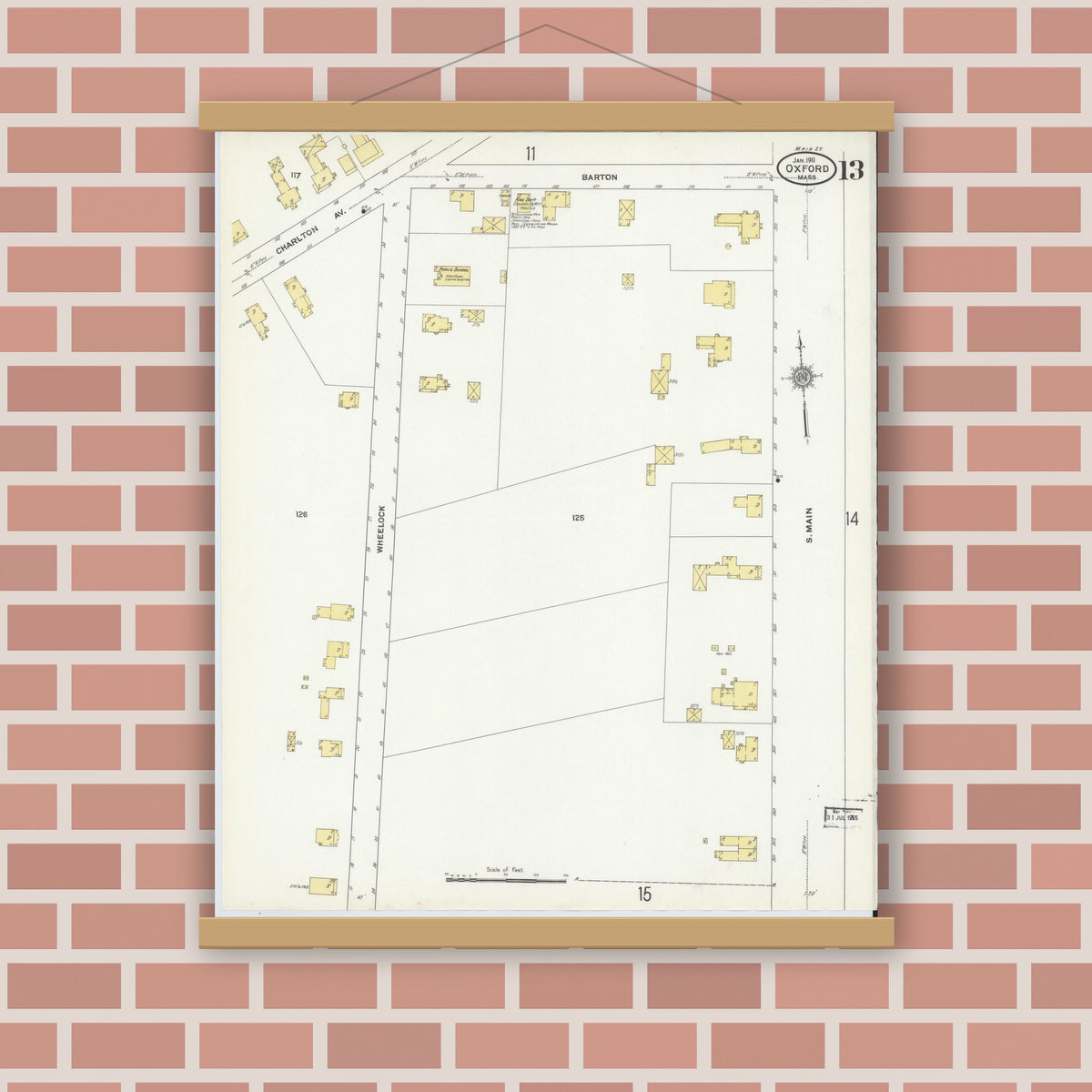 Old map wall art mockup — magnetic wood frame on brick wall — Sanborn Fire Insurance Map from Oxford, Worcester County, Massachusetts (1911), Sheet #0013