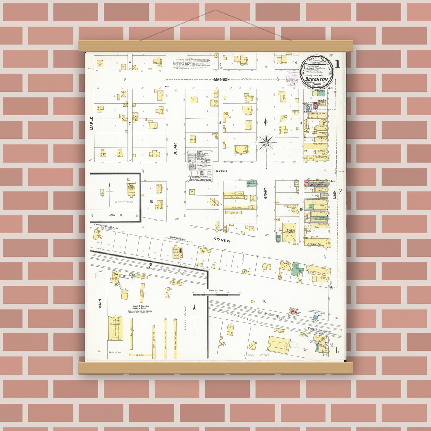 Old map wall art mockup — magnetic wood frame on brick wall — Sanborn Fire Insurance Map from Scranton, Greene County, Iowa (1901), Sheet #0001