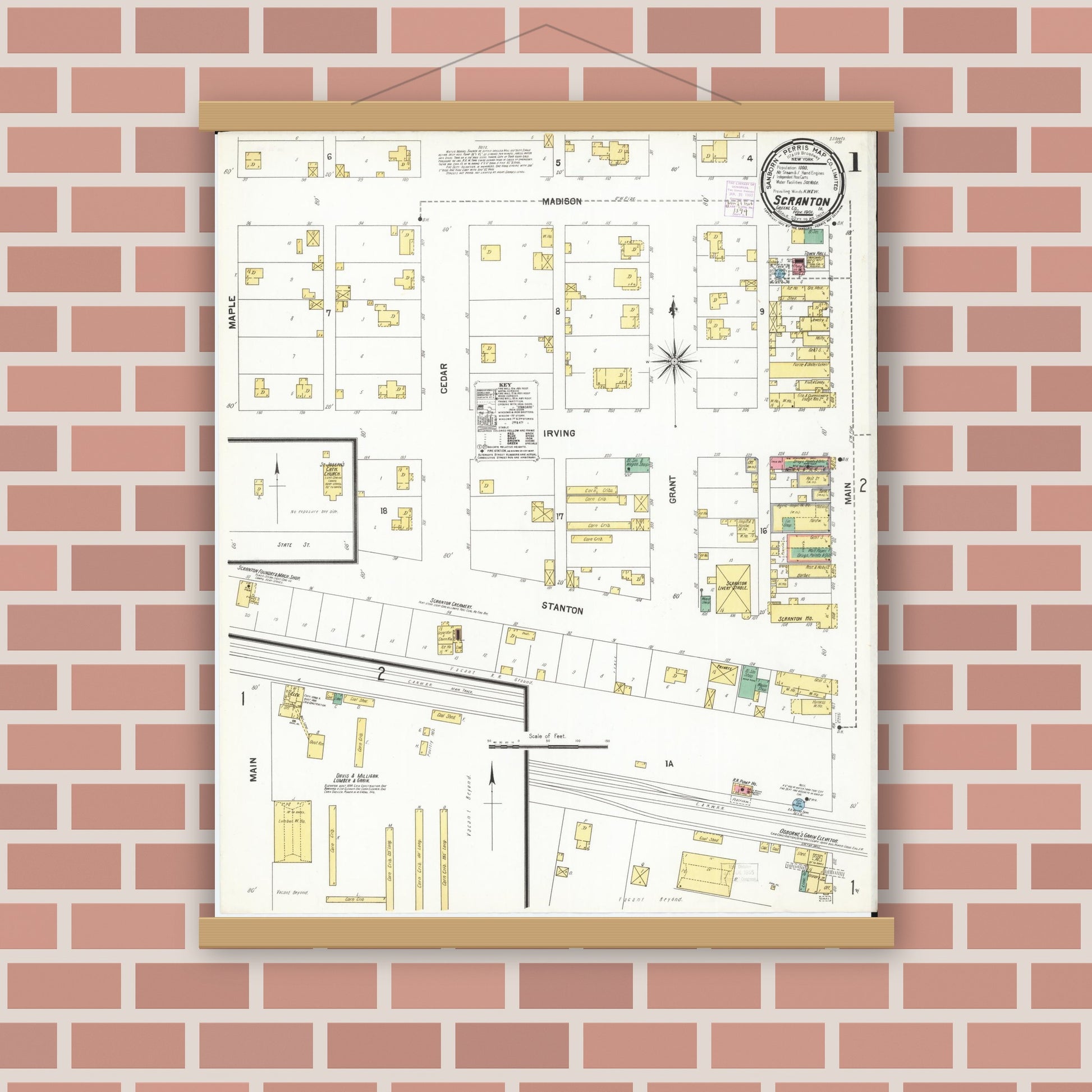 Old map wall art mockup — magnetic wood frame on brick wall — Sanborn Fire Insurance Map from Scranton, Greene County, Iowa (1901), Sheet #0001