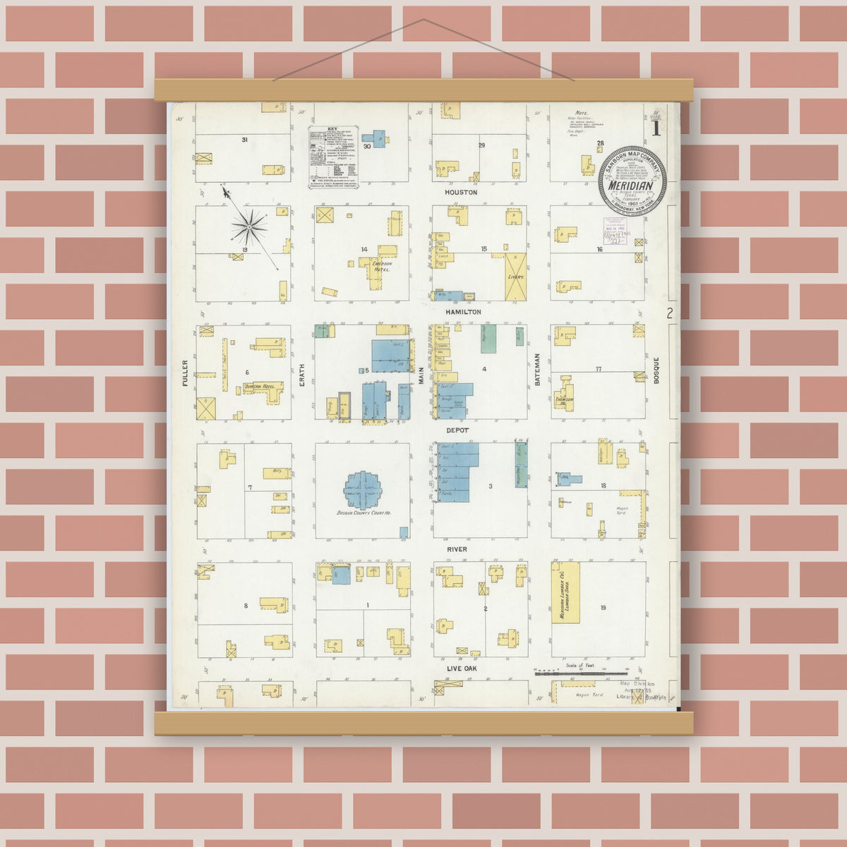 Old map wall art mockup — magnetic wood frame on brick wall — Sanborn Fire Insurance Map from Meridian, Bosque County, Texas (1903) - Complete Map Set