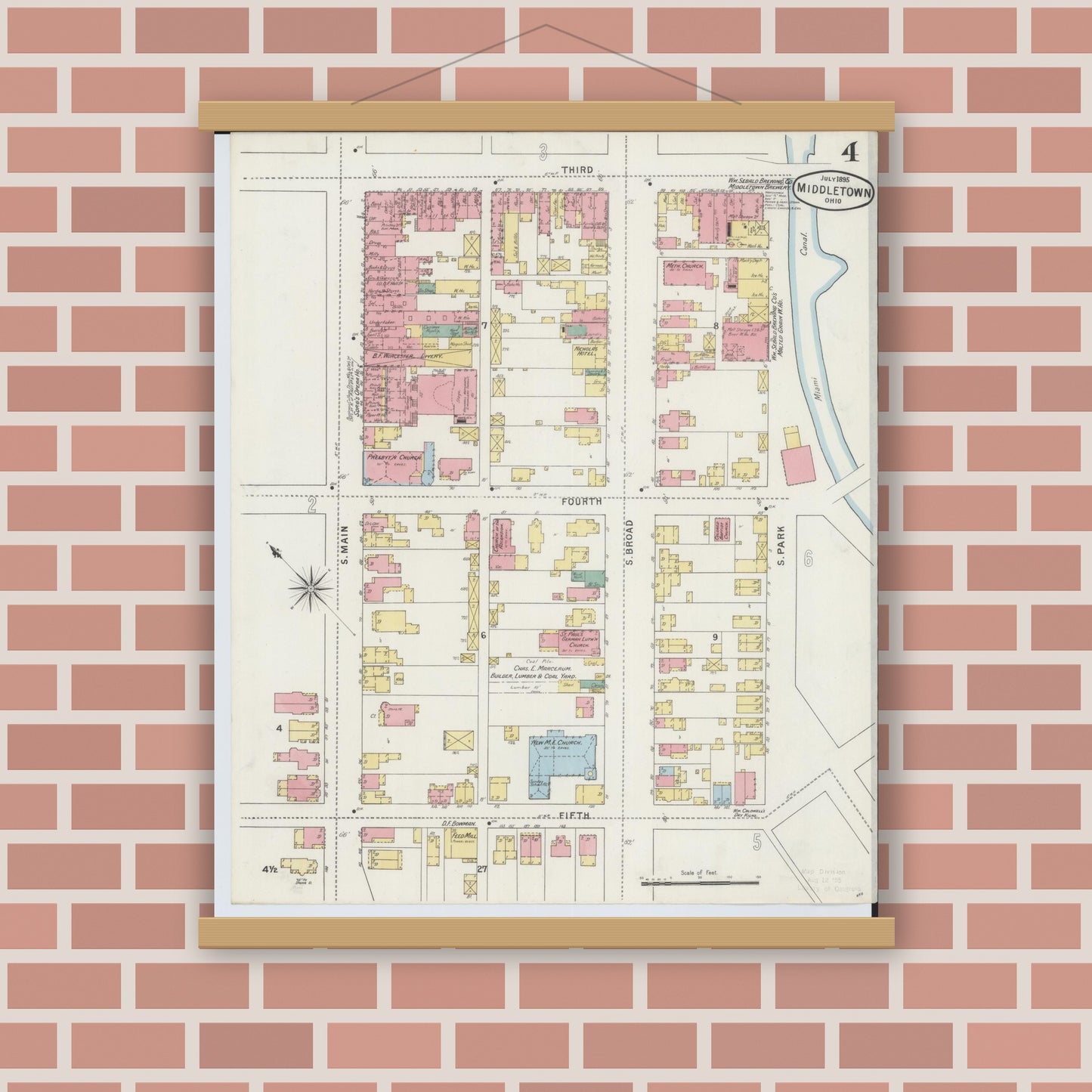 Old map wall art mockup — magnetic wood frame on brick wall — Sanborn Fire Insurance Map from Middletown, Butler County, Ohio (1895), Sheet #0004