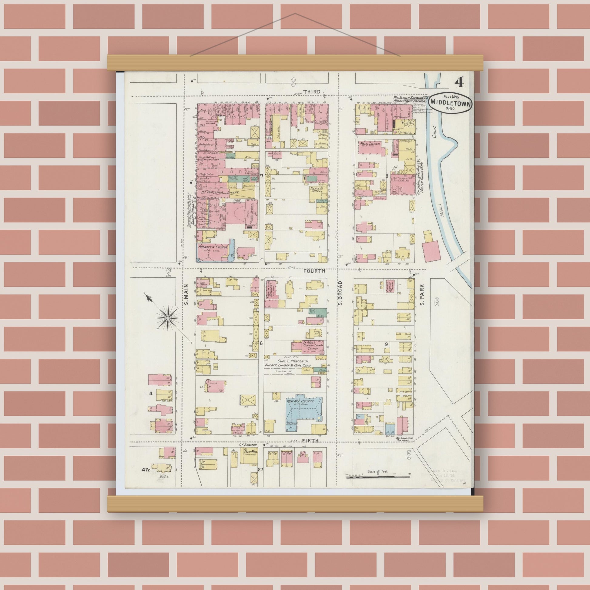 Old map wall art mockup — magnetic wood frame on brick wall — Sanborn Fire Insurance Map from Middletown, Butler County, Ohio (1895), Sheet #0004