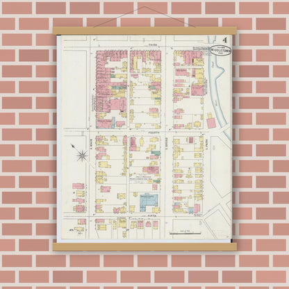Old map wall art mockup — magnetic wood frame on brick wall — Sanborn Fire Insurance Map from Middletown, Butler County, Ohio (1895), Sheet #0004