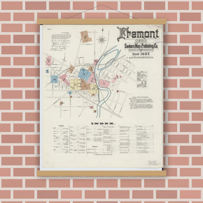 Old map wall art mockup — magnetic wood frame on brick wall — Sanborn Fire Insurance Map from Fremont, Sandusky County, Ohio (1887), Sheet #0001
