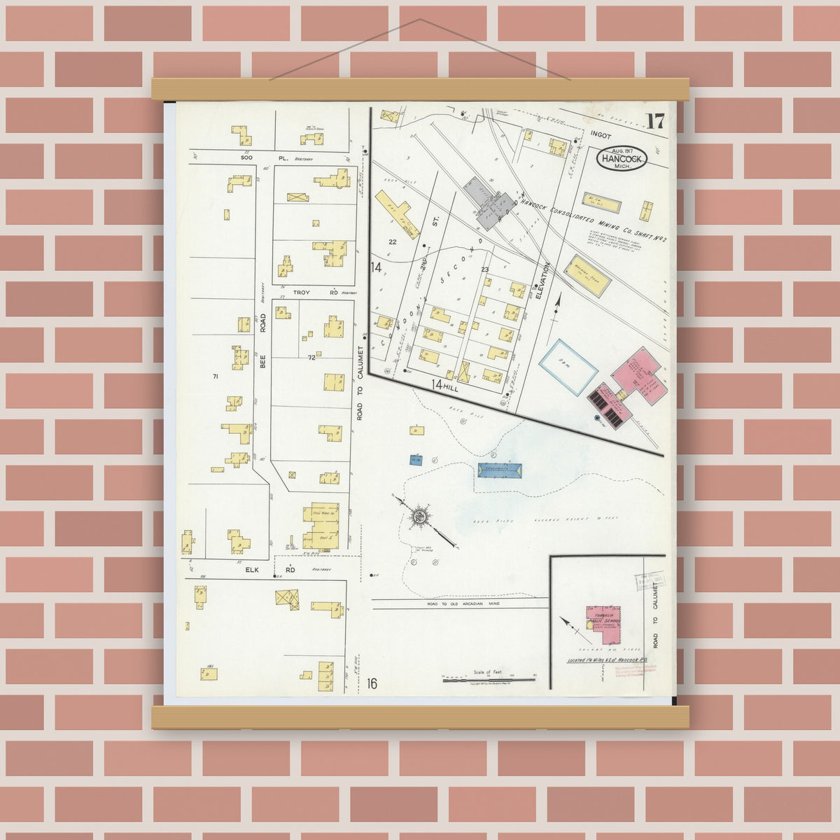 Old map wall art mockup — magnetic wood frame on brick wall — Sanborn Fire Insurance Map from Hancock, Houghton County, Michigan (1917), Sheet #0017